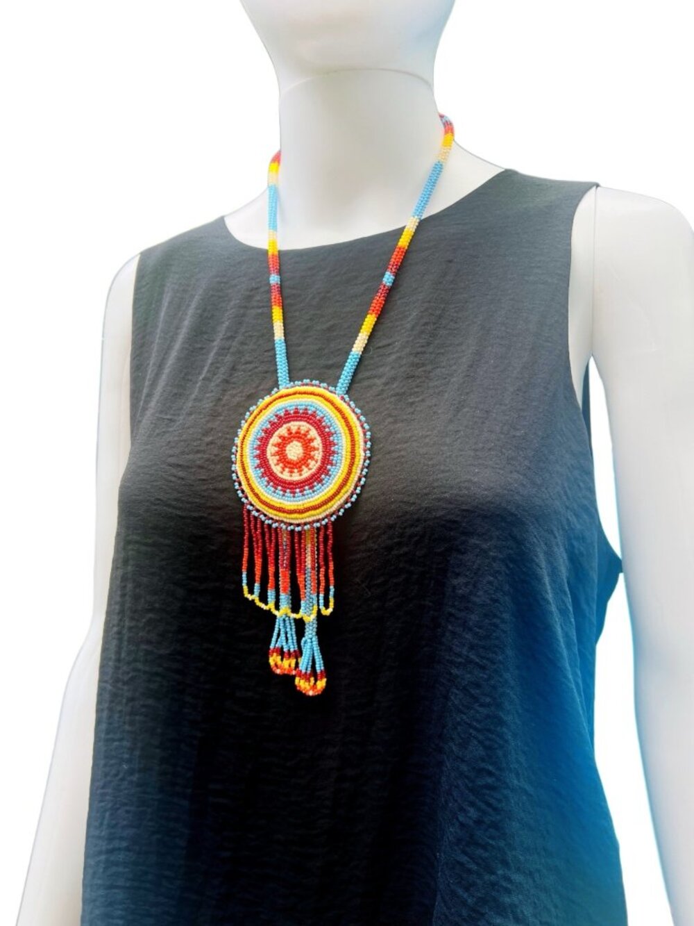 Handcrafted Multicolor Beaded Necklace With Circular Medallion & Fringe Design